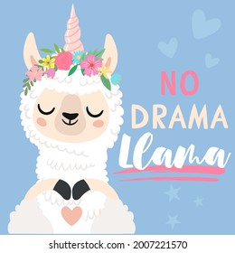 Vector color flat hand-drawn children’s illustration, poster, print with cute smiling white llama, hearts, stars and lettering no drama llama on a blue background. Alpaca. Cute baby animals.