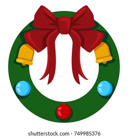 Vector Color Flat Icon - Christmas Round Wreath with Decorations