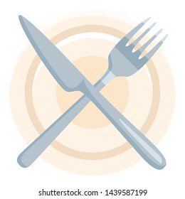 Vector Color Flat Icon - Crossed Fork and Knife above the Plate