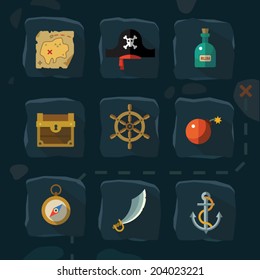Flachbild-Symbole für Vektorgrafiken und Illustrationen Piratenabenteuer: Meer, Bucht, Karte, Hut, Rum, Anker, Helm, Bombe, Schwert, Kompass, Brust, Gold