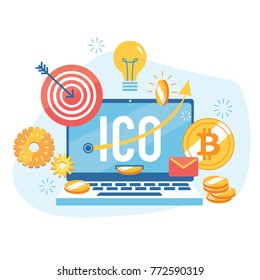 Vector color flat illustration of bitcoin blockchain business investment, strategy and idea. Modern business system concept