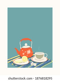Vector color flat illustration with copy space. Teapot with a cup and lemon on a saucer. Cute still life for postcard, menu, design.
