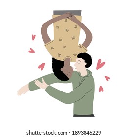 Vector color flat illustration of couple in love portraits isolated on white. Greeting card for Valentine's Day. Enamored guy and girl