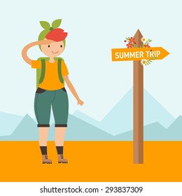 Vector color flat illustration with cute girl in mountains. Summer trip. Travel theme.