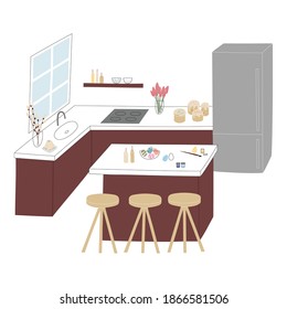 Vector color flat illustration of festive kitchen interior decorated for the Easter celebration. Cakes, painted eggs and candles are on the table, pussy willow branches and spring tulips are in a vase