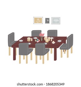 Vector color flat illustration of festive dining room interior decorated for the Easter celebration. Cakes, painted eggs and candles are on the served table, spring tulips in a vase and pictures 