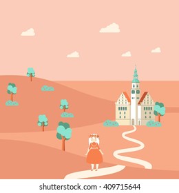 Vector color flat  illustration with idyllic summer landscape and building