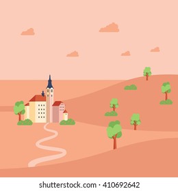 Vector color flat  illustration with idyllic summer landscape and building