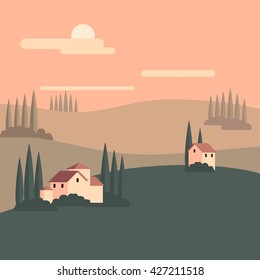 Vector Color Flat Illustration With Idyllic Summer Italian Landscape And Building On Sunset