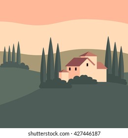 Vector Color Flat Illustration With Idyllic Summer Italian Landscape And Building On Sunset