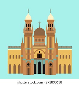 Vector color flat illustration with old Arabic building in material style. Travel theme.