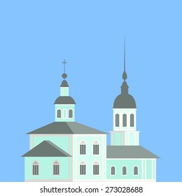 Vector color flat illustration with old Russian Orthodox Church in material style. Welcome to Russia. Travel theme.