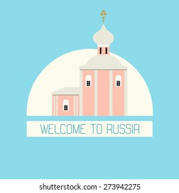Vector color flat illustration with old Russian Orthodox Church in material style. Welcome to Russia. Travel theme.