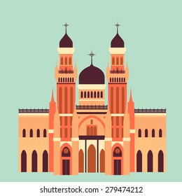 Vector color flat illustration with old Arabic building in material style. Travel theme.
