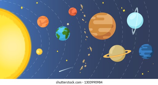 Vector Color Flat Illustration - Solar System with Sun and all Planets