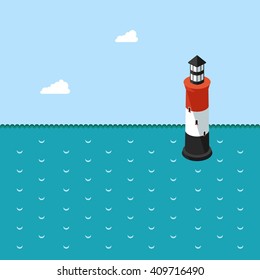 Vector color flat  illustration with summer nautical landscape and lighthouse