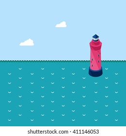 Vector color flat  illustration with summer nautical landscape and lighthouse