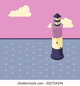 Vector color flat illustration with summer nautical landscape and lighthouse on sunset