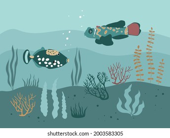 Vektorfarbige flache Illustration des Unterwasserlebens. Handgezeichnete Ozeanfische, Algen, Algen, Wasserpflanzen und Korallen. 
