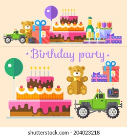 Vector color flat illustrations holiday birthday party: gifts, bows, teddy bears, toy car, remote control, balloons, cake, candles, candy, drink, champagne, glasses, a bouquet of flowers 