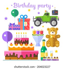 Vector color flat illustrations holiday birthday party: gifts, bows, teddy bears, toy car, remote control, balloons, cake, candles, candy, drink, champagne, glasses,bouquet of flowers on a white