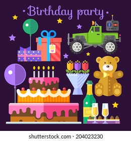 Vector color flat illustrations holiday birthday: gifts, bows, teddy bears, toy car, remote control, balloons, cake, candles, candy, drink, champagne, glasses,bouquet of flowers on a dark background