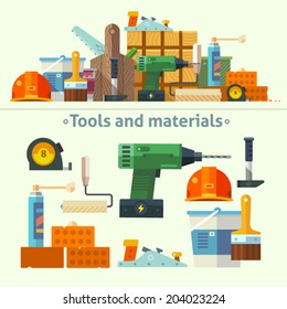 Herramientas y materiales para la reparación y construcción de ilustraciones planas de color vectorial:cubo de pintura, brocha, caja de madera, destornillador, sierra, taladro, rodillo, cinta métrica, madera, ladrillos, espuma, martillo, casco