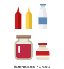 Vector color flat kitchen bottle set. Sauce, milk, jam. Flat style vector illustration