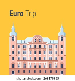 Vector color flat material illustration with old building. Euro trip. Travel theme.