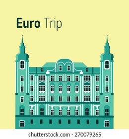 Vector color flat material illustration with old building. Euro trip. Travel theme.