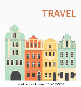 Vector color flat material illustration with old buildings. Euro trip. Travel theme.