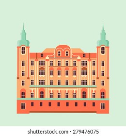 Vector color flat material illustration with old building. Euro trip. Travel theme.
