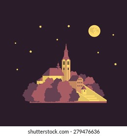 Vector color flat material illustration with old building at night with star sky and moon. Euro trip. Travel theme.