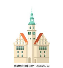 Vector color flat material illustration with European famous building. Poland. Travel theme.