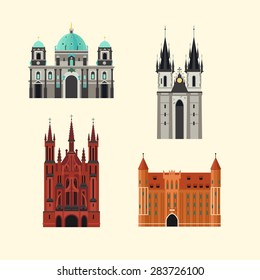 Vector color flat material illustration with european famous building. Germany, Czech Republic, Poland, Lithuania. Travel theme.