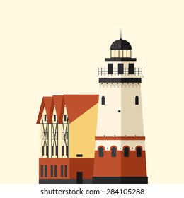 Vector color flat material illustration with european famous building. Kaliningrad, lighthouse. Travel theme.