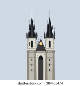 Vector color flat material illustration with european famous building. Czech Republic, Prague. Travel theme.