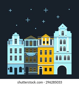 Vector color flat material illustration with old buildings. Euro trip. Travel theme. Blue and yellow.