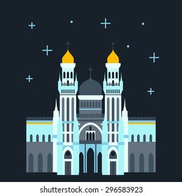 Vector color flat material illustration with old beautiful building. Euro trip. Travel theme. Blue and yellow.