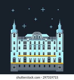 Vector color flat material illustration with old beautiful building. Euro trip. Travel theme. Blue and yellow.
