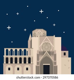 Vector color flat material illustration with old beautiful building. Euro trip. Travel theme.
