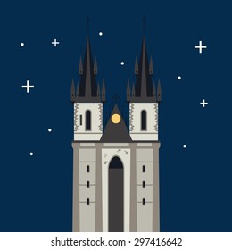 Vector color flat material illustration with old beautiful building. Euro trip. Travel theme. 