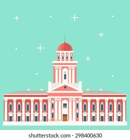 Vector color flat material illustration with old beautiful building. Euro trip. Travel theme. 