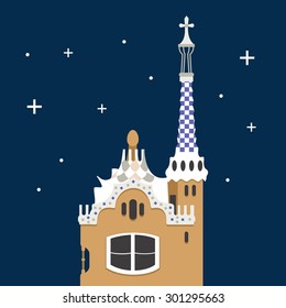 Vector color flat material illustration with landmark in Barcelona, Spain. Euro trip. Travel theme. 