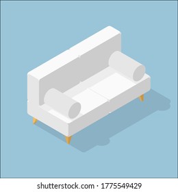Vector color flat picture. Blue background. Stylish white couch. Isolated illustration. Cozy modern Scandinavian interior. Isometric design.