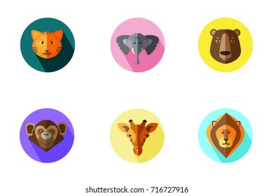 Vector color flat round icons. The wild animals from safari.