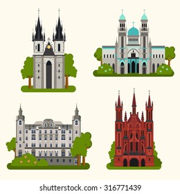 Vector color flat set of european landmark in material style. Travel theme. 