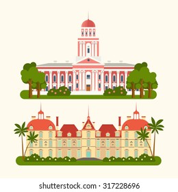 Vector color flat set of european landmark in material style. Travel theme. 