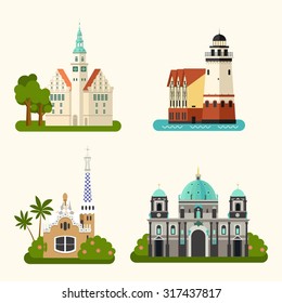 Vector color flat set of european landmark in material style. Travel theme. 