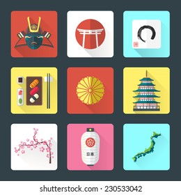 vector color flat style japanese national theme icons with shadow set